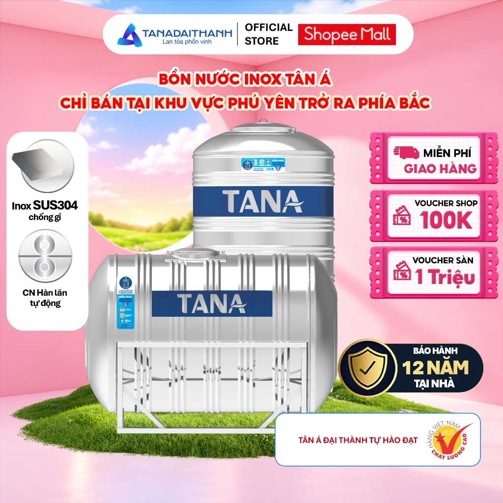 [GIAO MIỀN BẮC] Bồn Nước Inox Tân Á 500L / 1000L / 1500L / 2000L - Inox SUS 304 Cao Cấp, Bảo Hành 12