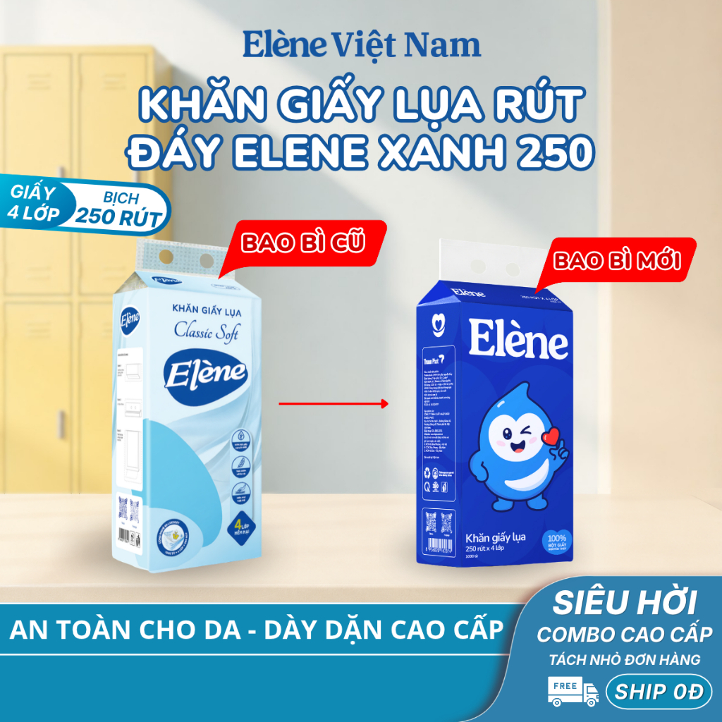 [FLASH SALE] COMBO 6 BỊCH Khăn Giấy Lụa Rút Đáy Elène 250 Lần Rút 4 Lớp Mềm Mịn, Tiện Lợi, An Toàn