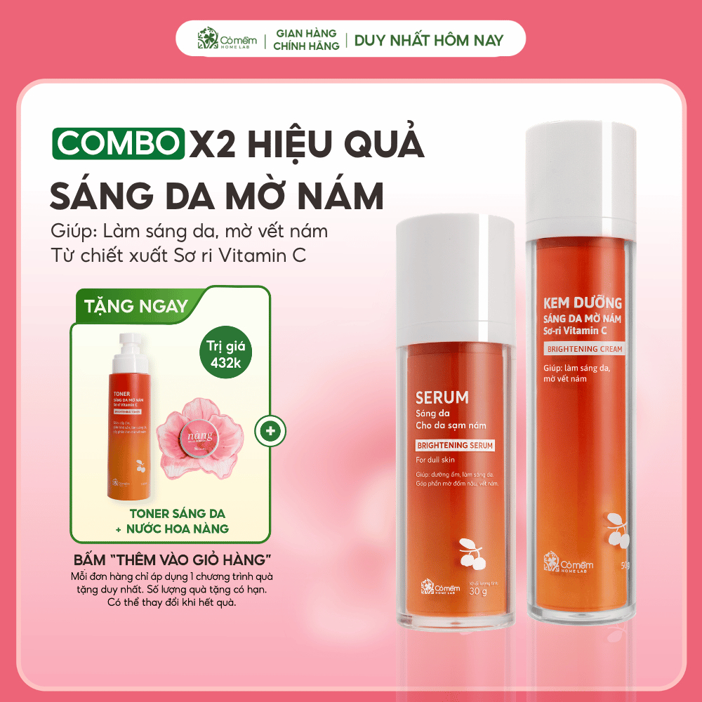 Bộ đôi serum kem dưỡng Vitamin C dưỡng sáng da mờ thâm nám tàn nhang từ trái Sơ-ri Cỏ Mềm