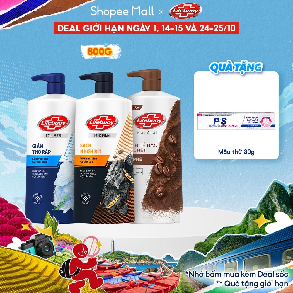 Sữa Tắm Lifebuoy 800gr Detox Và Sạch Sâu Khỏi Bụi Mịn Pm2.5 Detox 100% Từ Thiên Nhiên Diệt Khuẩn