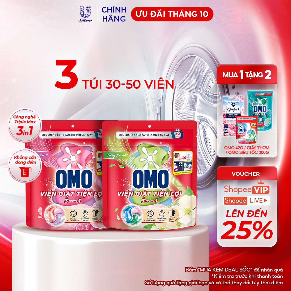 Combo 3 túi viên giặt tiện lợi OMO 3 trong 1 (30 viên/50 viên)
