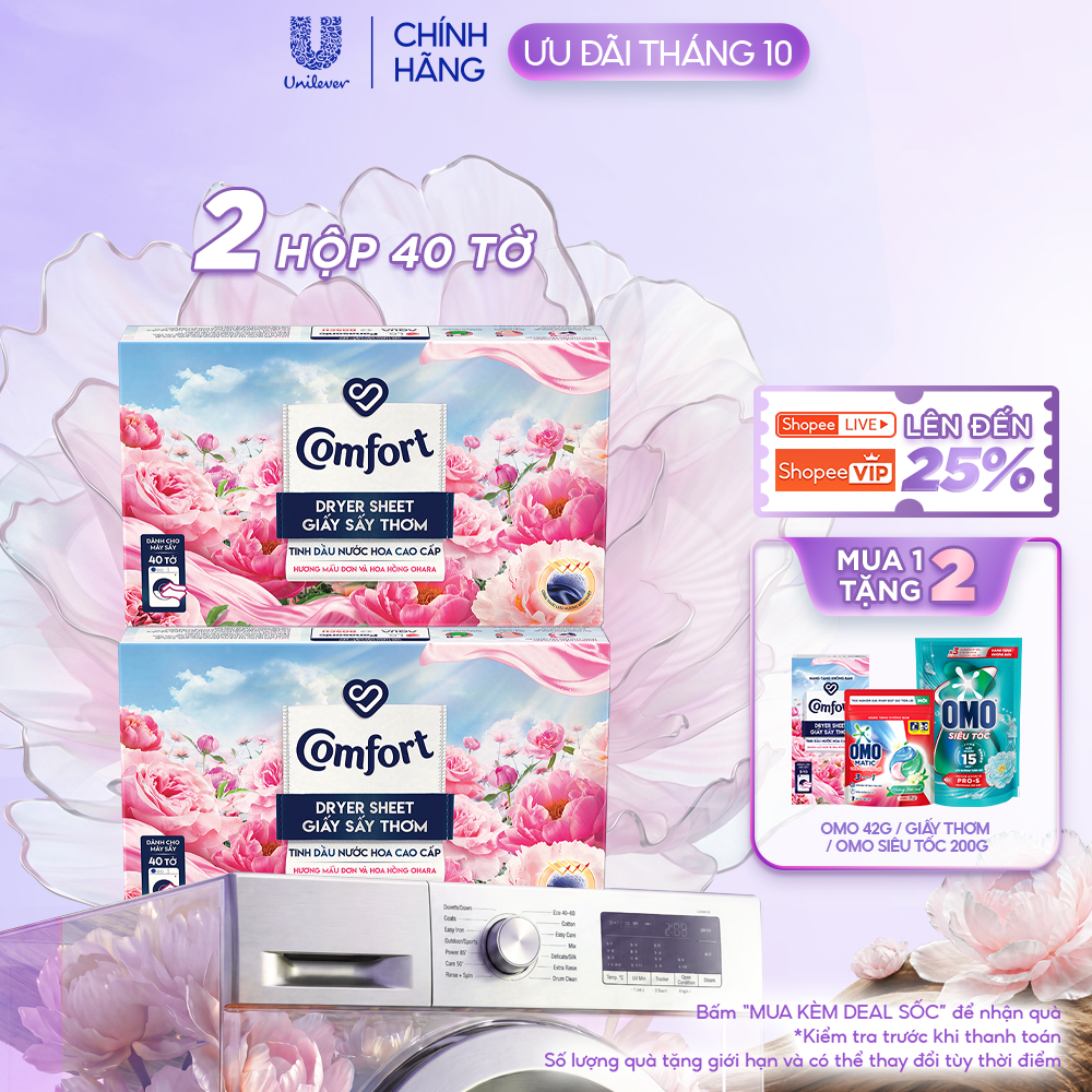 Combo 2 Hộp Giấy Thơm Comfort Hương Mẫu Đơn Và Hoa Hồng Ohara 40 tờ/hộp, Dành Cho Máy Sấy Quần Áo, Tủ Quần Áo