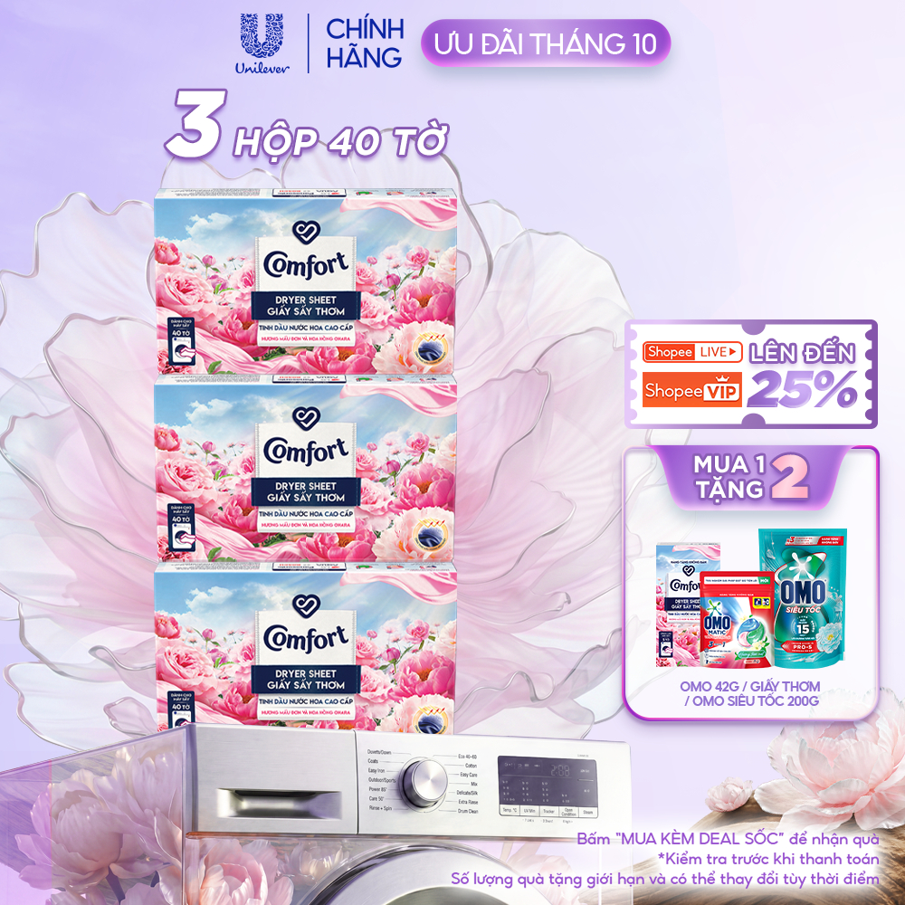 Combo 3 Hộp Giấy Thơm Comfort Hương Mẫu Đơn Và Hoa Hồng Ohara 40 tờ/hộp, Dành Cho Máy Sấy Quần Áo, Tủ Quần Áo