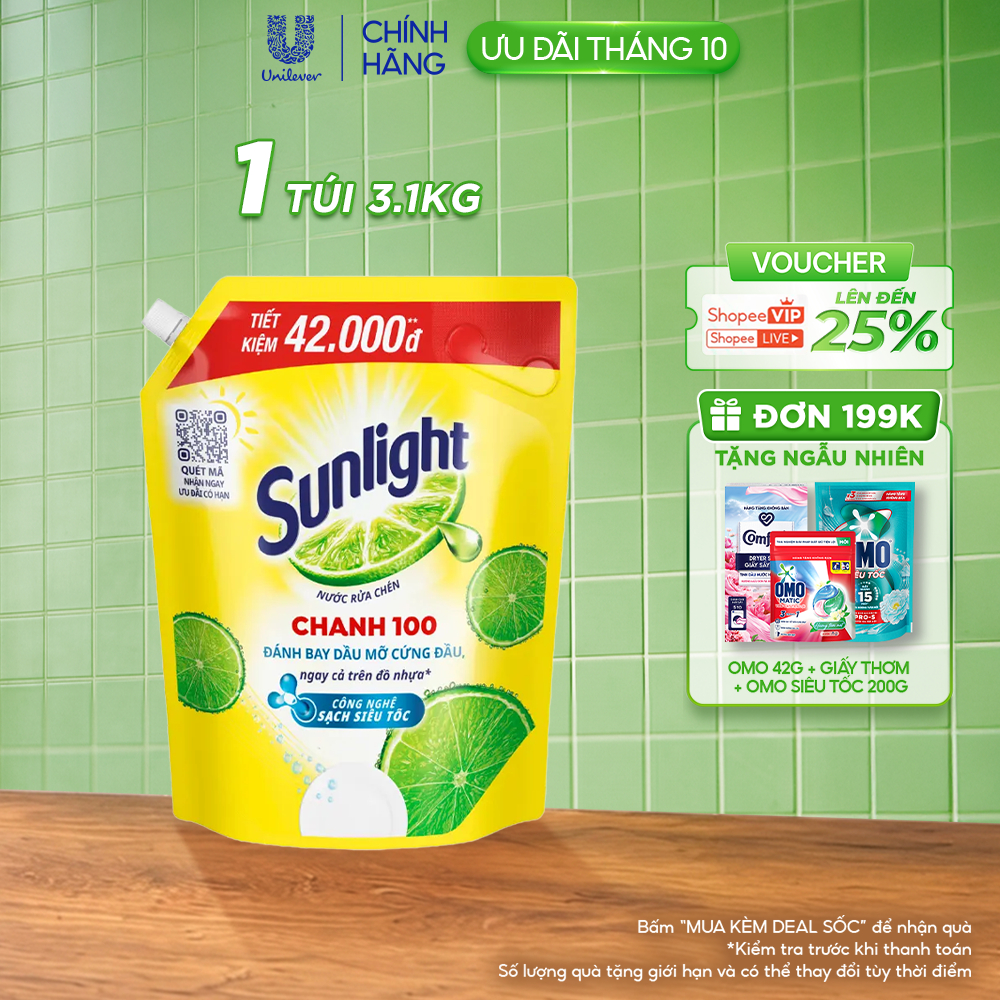 Nước Rửa Chén Bát Sunlight Chanh 100 Sạch Dầu Mỡ Đồ Nhựa Túi 3.5KG/3.1Kg