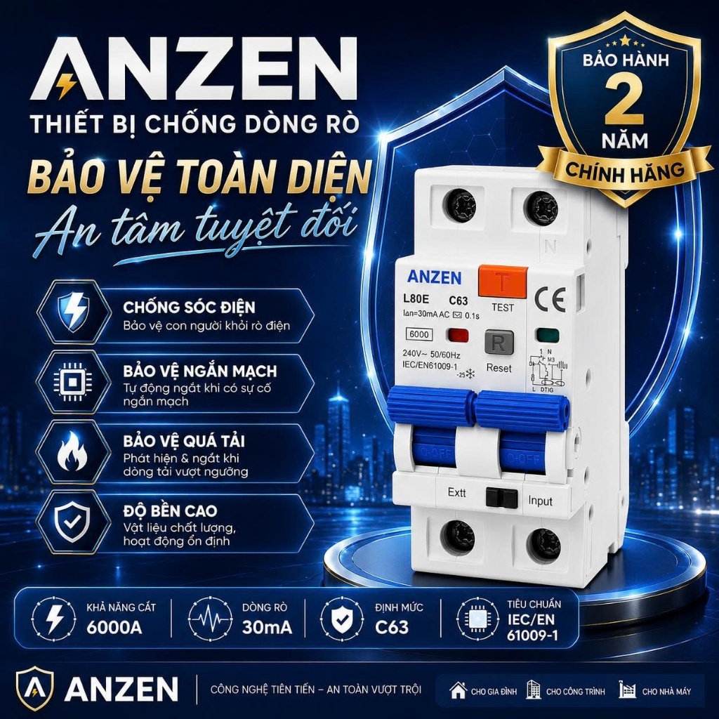ANZENK Aptomat Chống Giật RCBO cao cấp Chống dòng rò Bảo vệ quá tải và ngắn mạch