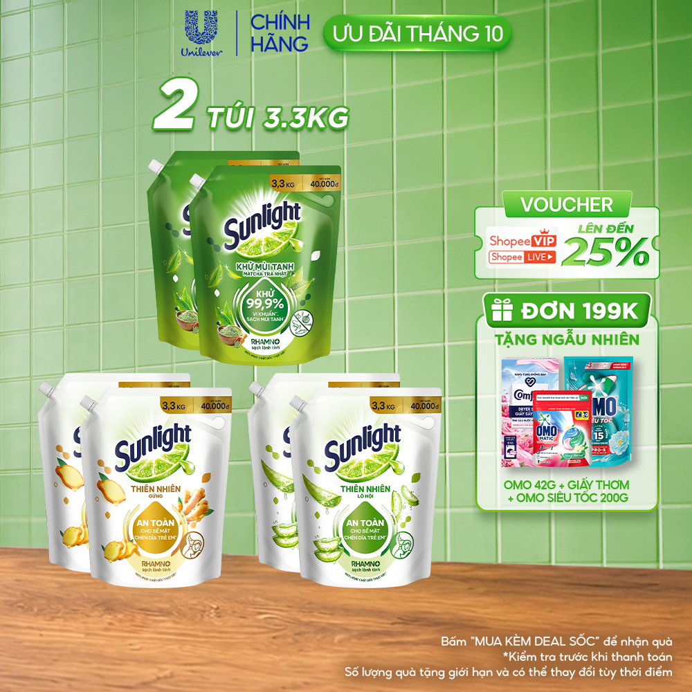 Combo 2 Nước rửa chén Sunlight Bio-care với thành phần từ 100% tự nhiên Túi 3.3kg