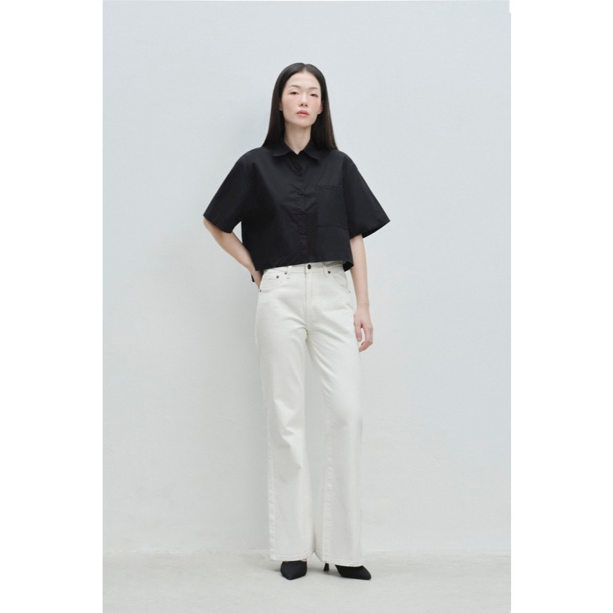 LIBÉ WORKSHOP - Áo sơ mi tay ngắn dáng suông crop màu đen 7325