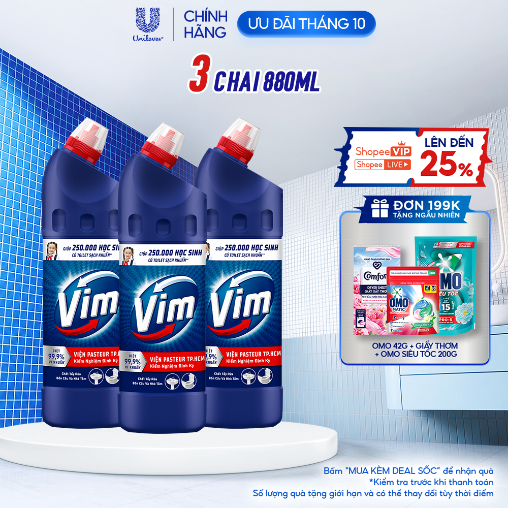 Combo 3 Nước Tẩy Bồn Cầu và Nhà Vệ Sinh Vim Diệt Khuẩn Diệt 99,9% Vi Khuẩn (880ml)