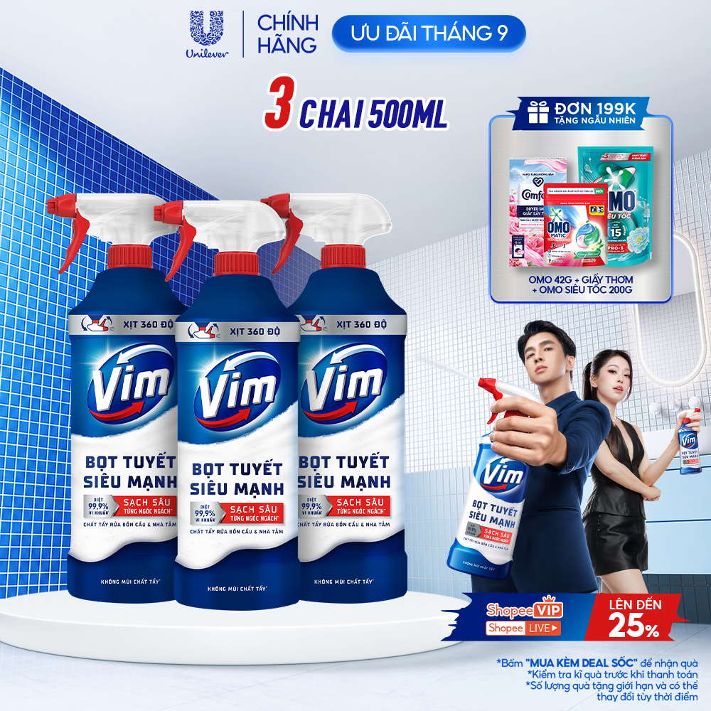 Vim Bọt Tuyết Siêu Mạnh Tẩy Bồn Cầu và Nhà Vệ Sinh | Diệt 99,9% Vi Khuẩn - Combo 3 Chai x 500ml
