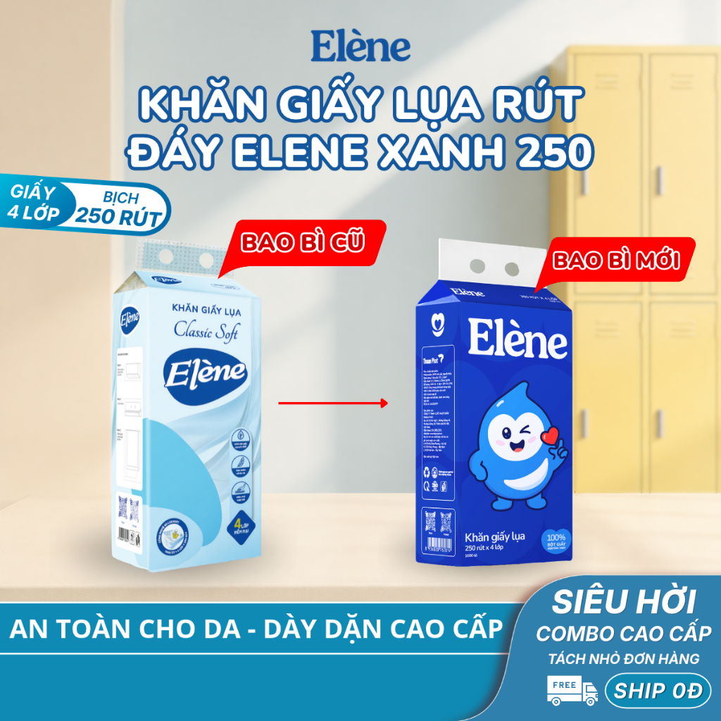 COMBO 6/10 BỊCH Khăn Giấy Lụa Rút Đáy Elene 250 Lần Rút 4 Lớp Mềm Mịn, Tiện…