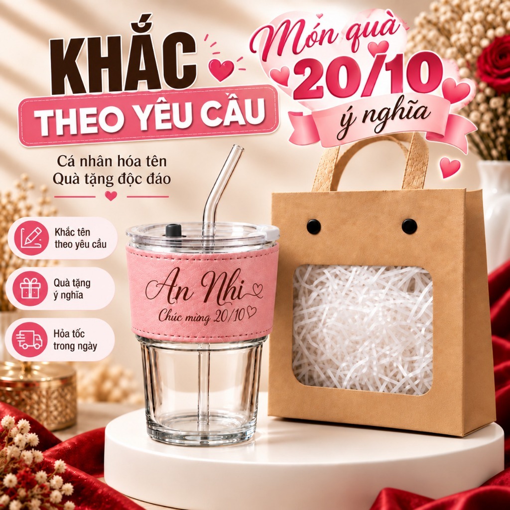 Cốc Thủy Tinh CHOUCHOU Gorgeous 420ml – Kèm Ống Hút & Bao Da 6 Màu Sang Trọng