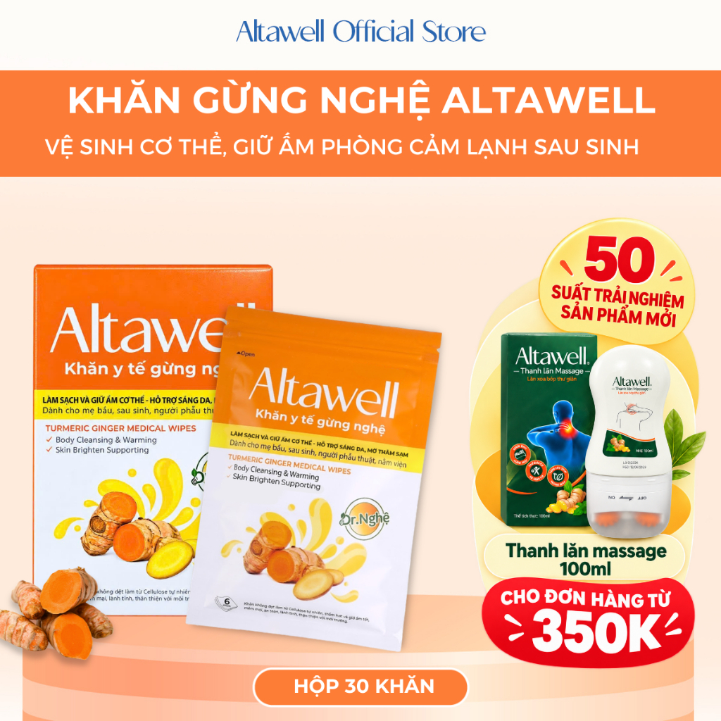 Khăn Y Tế Gừng Nghệ Altawell - Hỗ Trợ Làm Sạch Khử Mùi Giữ Ấm, Dùng Được Cho…