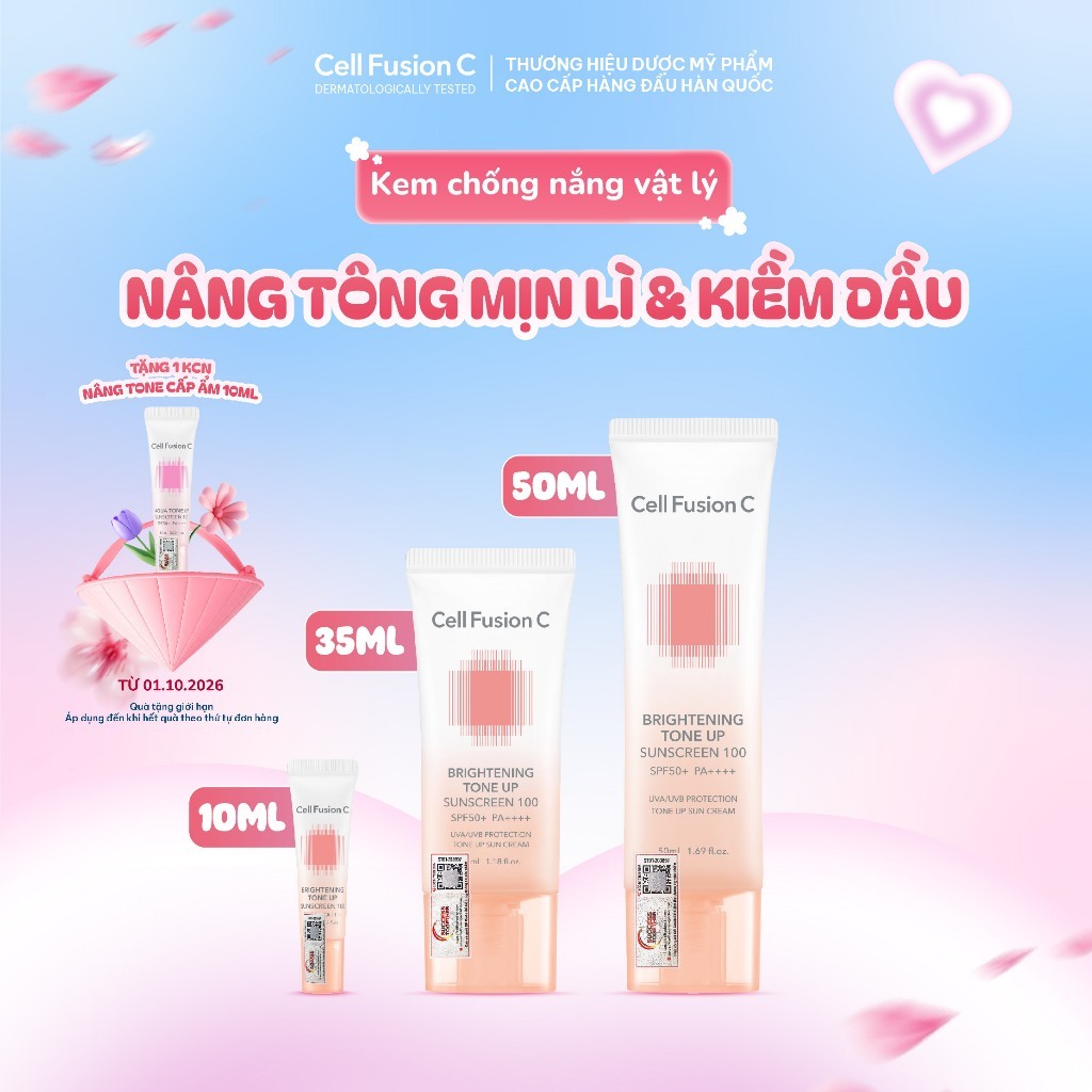 Kem Chống Nắng Nâng Tone Cell Fusion C Hỗ Trợ Kiềm Dầu Brightening Tone Up Sunscreen 100 SPF50+ PA++