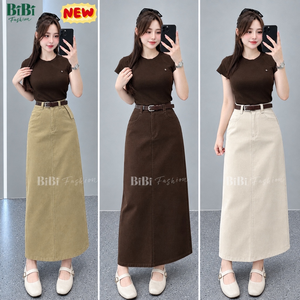 Chân váy Kaki Nhật L1 chữ A Công sở cạp cao dáng dài 86cm mềm mịn co giãn nhẹ xẻ tà sau BiBi Fashion