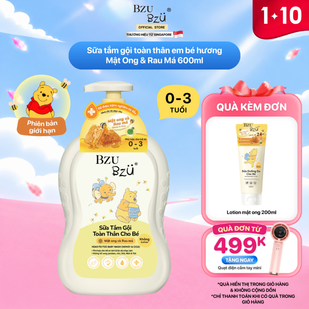 Sữa Tắm Gội Toàn Thân Em Bé Hương Mật Ong Và Rau Má BZU BZU Head to Toe Wash Dịu Nhẹ 600ml