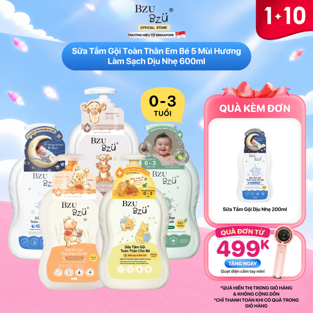 Sữa Tắm Gội Toàn Thân Em Bé BZU BZU Baby Head to Toe Wash 5 Mùi Hương Làm Sạch Dịu Nhẹ 600ml