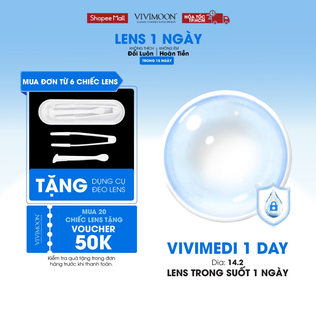 Lens cận trong suốt 1 ngày VIVIMOON Vivimedi, kính áp tròng khóa ẩm (Giá 01 chiếc/01 bên mắt - x2 để chọn 01 đôi)