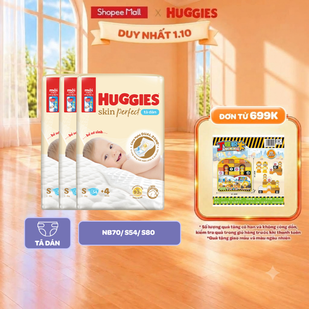 Combo 2/ Combo 3 Tã/Bỉm dán sơ sinh Huggies Skin Perfect NB70/S54/S80/M76
