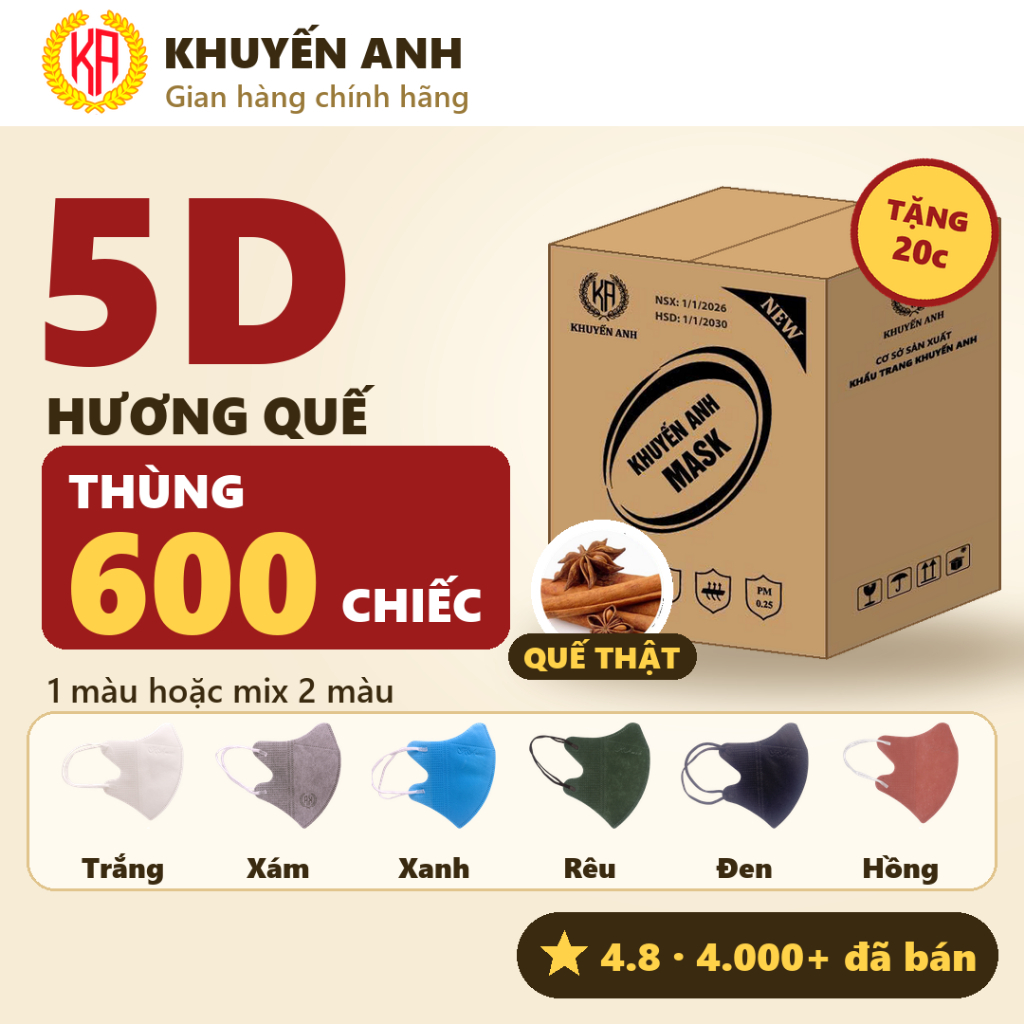 Khẩu Trang 5D Hương Quế Khuyến AnhThùng 600 Cái+ 20 cái Chống Tia UV Kháng Khuẩn Bảo Hành 48 Tháng