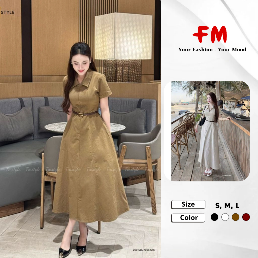 Váy Đầm Nữ Chữ A FMSTYLE Cổ Bẻ Khóa Kép Kèm Nịt - Đầm Maxi Dáng Xòe Công Sở Thanh Lịch 26010960