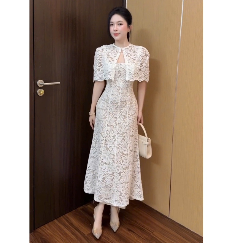 Váy nữ Đầm dự tiệc Ren Dài 2 Dây TẶNG KÈM ÁO KHOÁC CHOÀNG Chiết Eo Hách Bodyyy Tiểu Thư Kèm Ảnh Khách Mặc