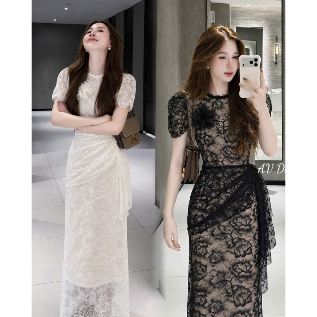Váy nữ Đầm dự tiệc Ren Chiết Eo Cách Điệu TẶNG KÈM HOA CÀI siêu xinh Chuẩn Form Mẫu 2 Màu Đen Kem (VÁY REN DÀI HOA CÀI)