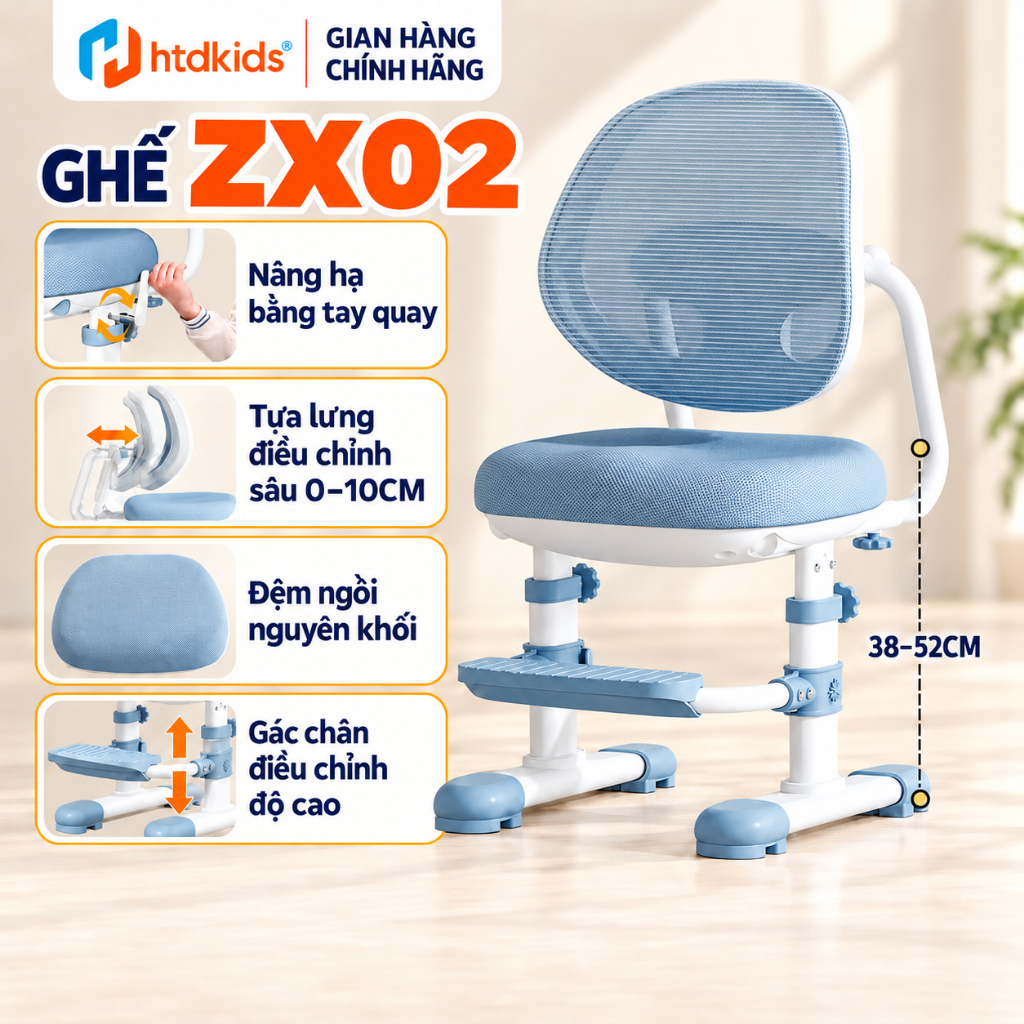 Ghế ngồi học chống gù HTDkids ZX02 Chính hãng, Ghế ngồi học cho bé Nâng hạ chiều cao, Bảo vệ cột sốn