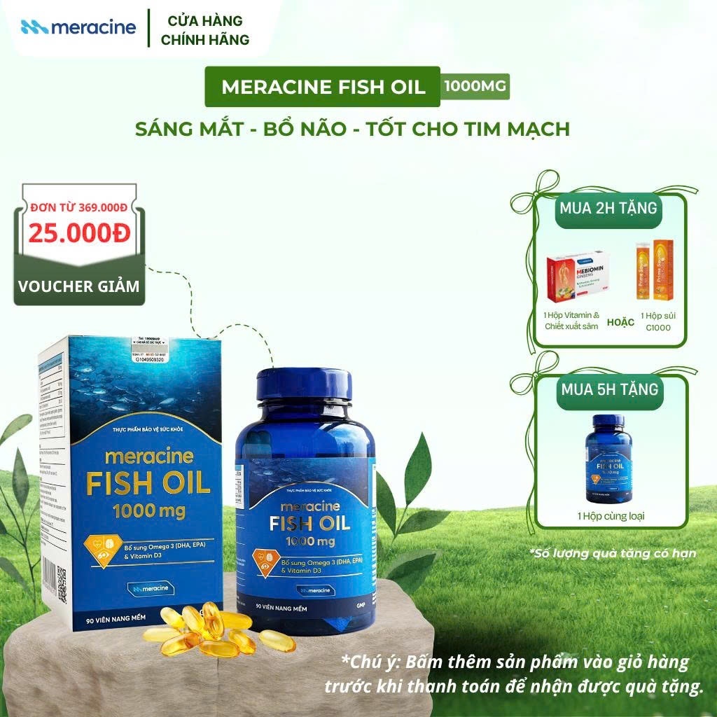 Viên dầu cá Omega 3 - Meracine Fish Oil hỗ trợ sáng mắt, bổ não, tốt cho tim mạch (hộp 90 viên)