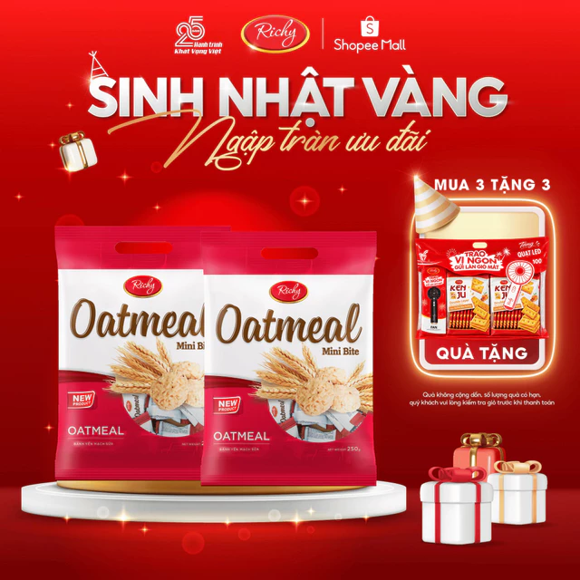 [MUA 3 TẶNG 3]   Combo 2 Bánh Yến Mạch Oatmeal Richy Vị Sữa (250g/Túi), bánh kẹo Richy, Back to school
