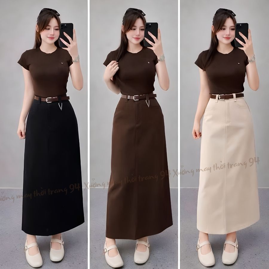 Chân váy dáng A chất kaki nhật mềm mịn, khoá trước cạp cao dáng dài trơn mặc…