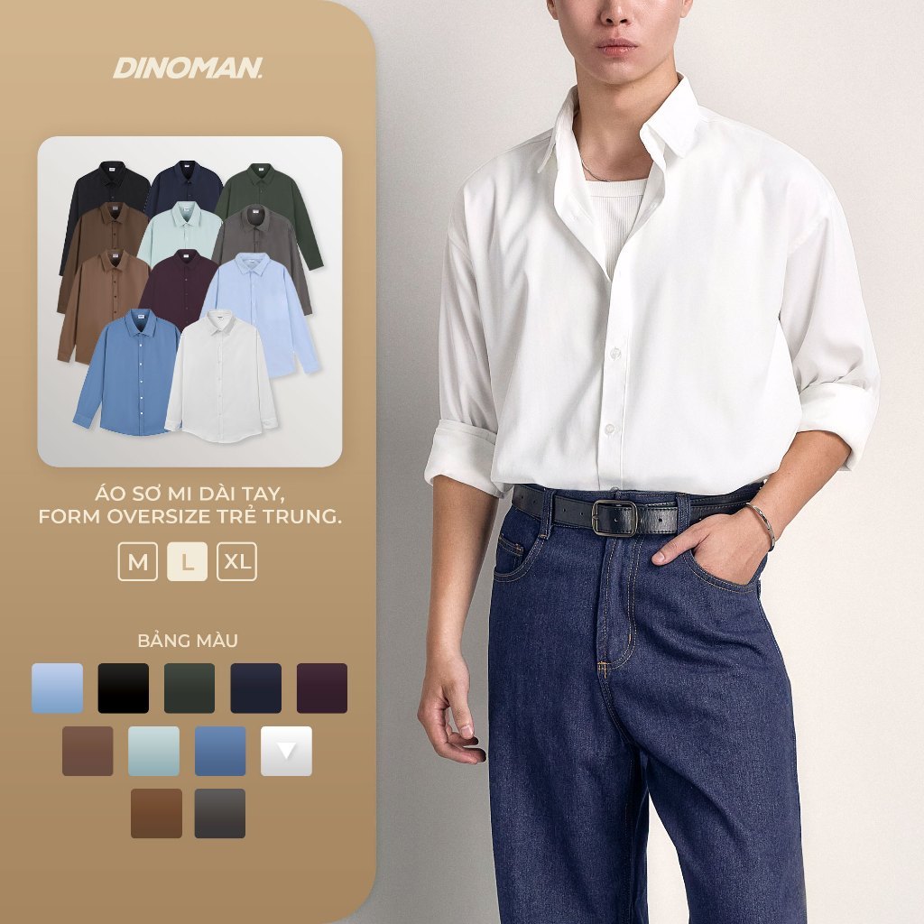 Áo Sơ Mi Dài Tay Nam Nữ Dinoman x Yumi Thấm Hút Tốt Mềm Form Oversize Nam Nữ Unisex Trẻ Trung - SM011