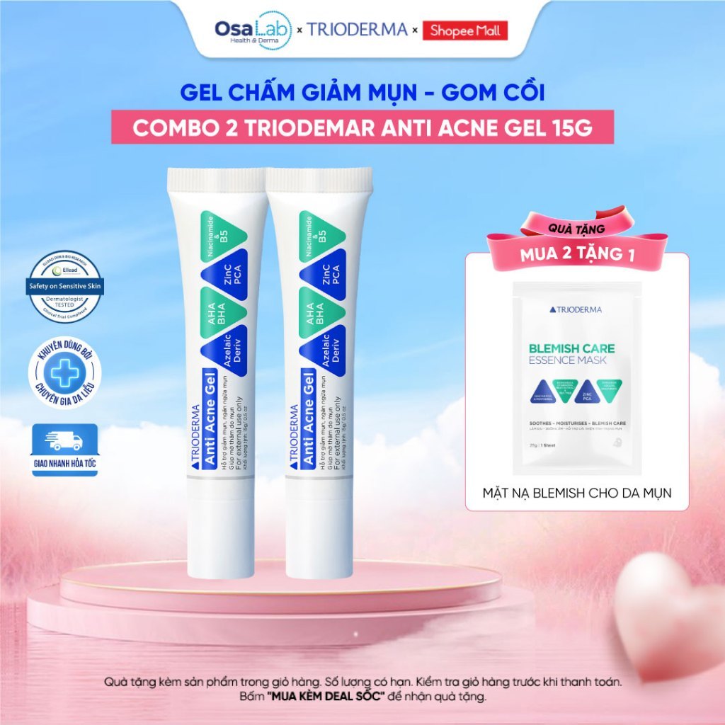 Combo 2 kem chấm mụn Trioderma Anti Acne Gel mờ thâm giảm mụn, làm dịu da 15g