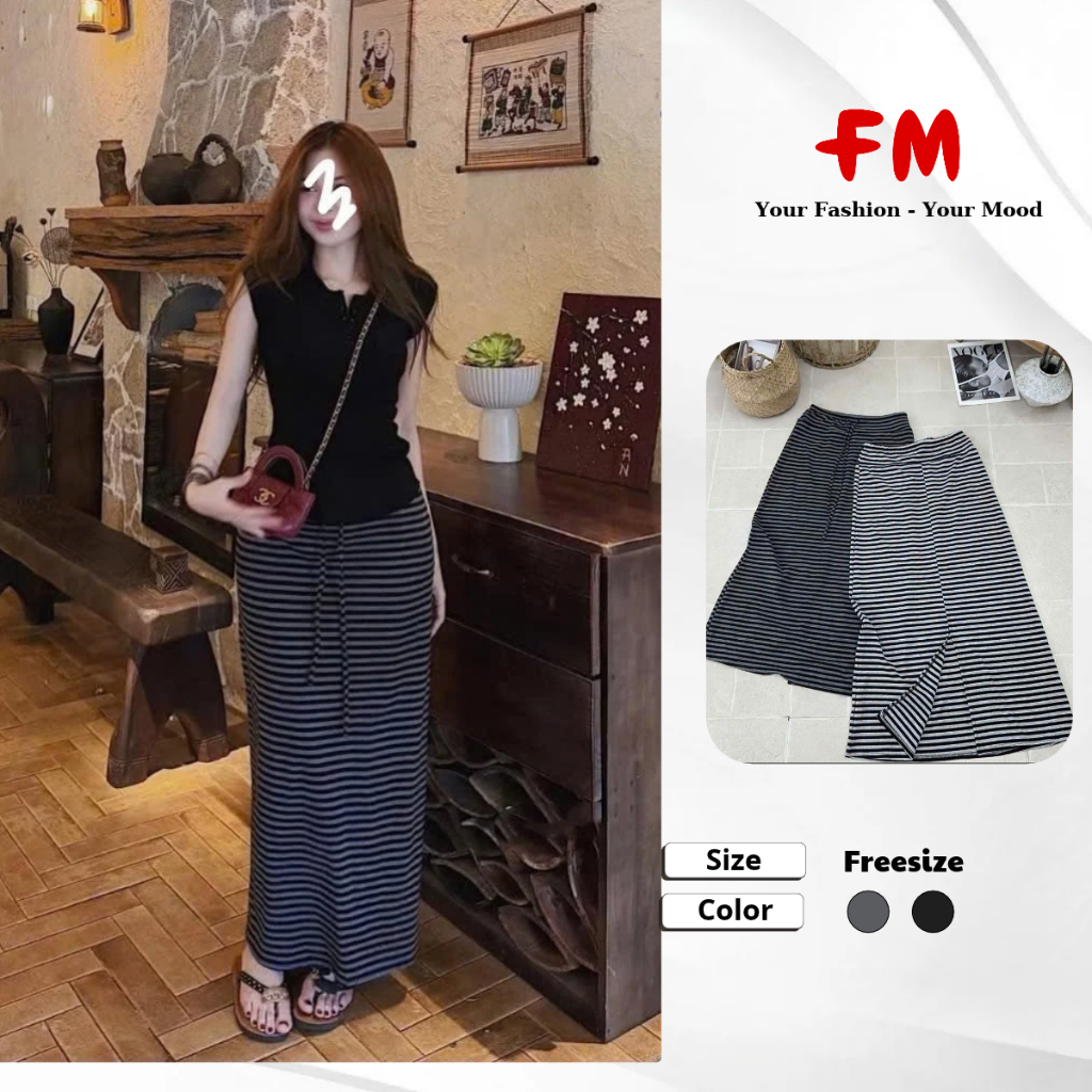 Chân Váy Nữ FMSTYLE Dáng Suông A rút dây kẻ sọc 2 Màu Freesize 26091020