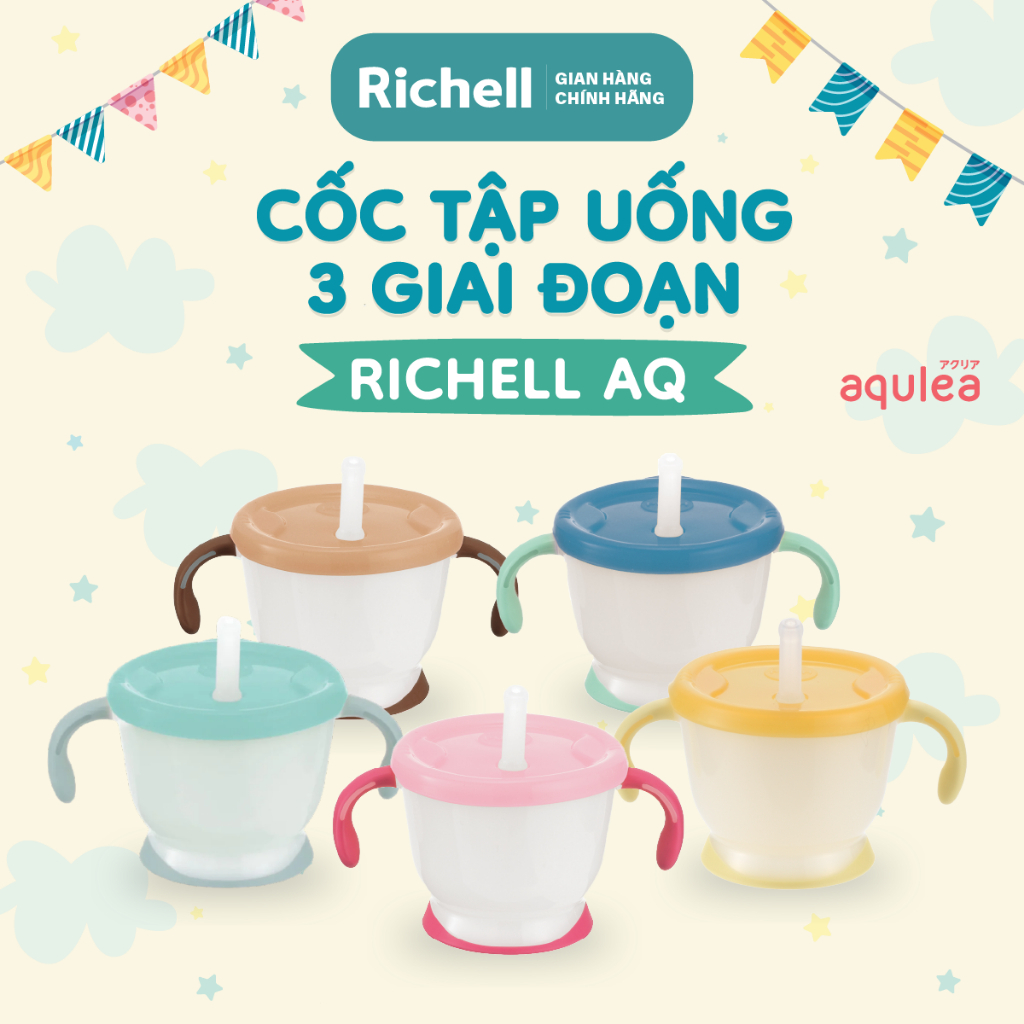 Cốc tập hút, tập uống 3 giai đoạn RICHELL Nhật AQ 150ml phiên bản châu Á Baby