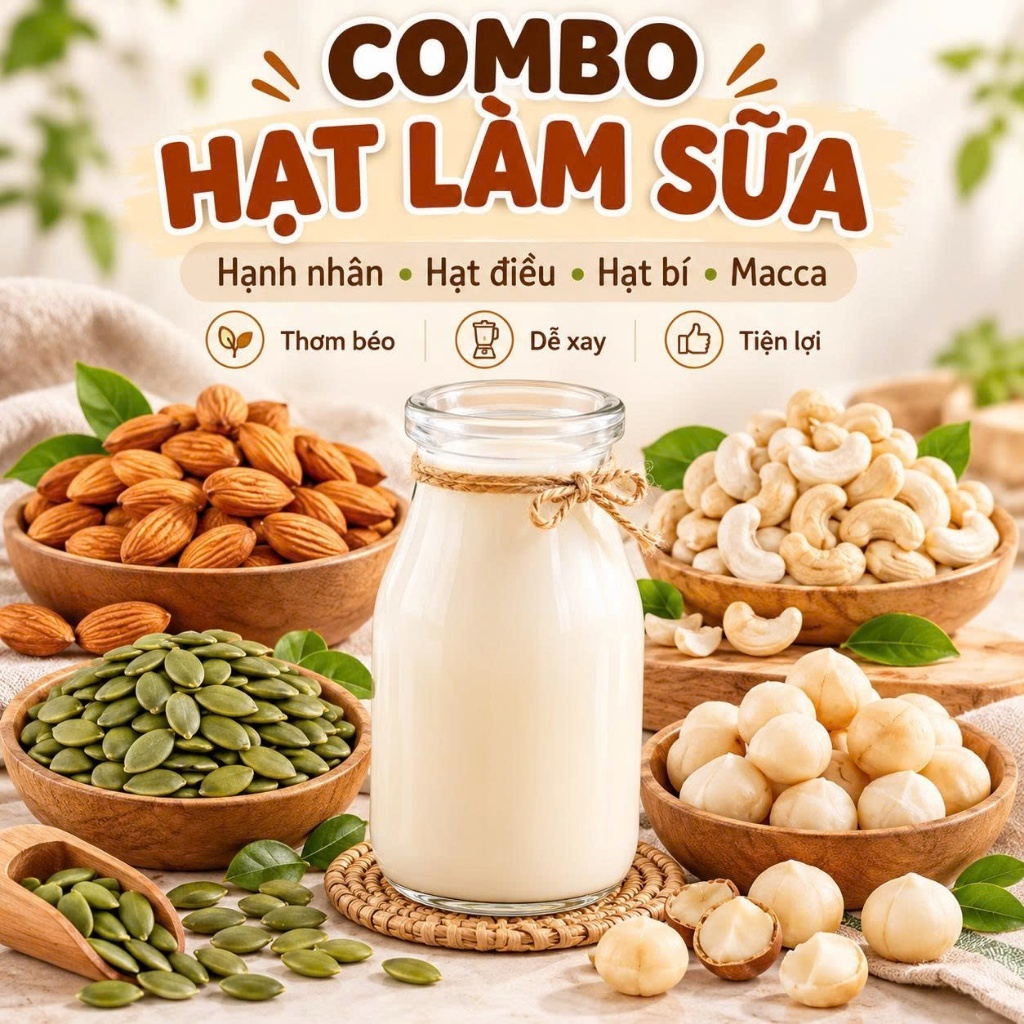 Combo 4 Loại Hạt Làm Sữa Hạnh Nhân Hạt Điều Hạt Bí Macca
