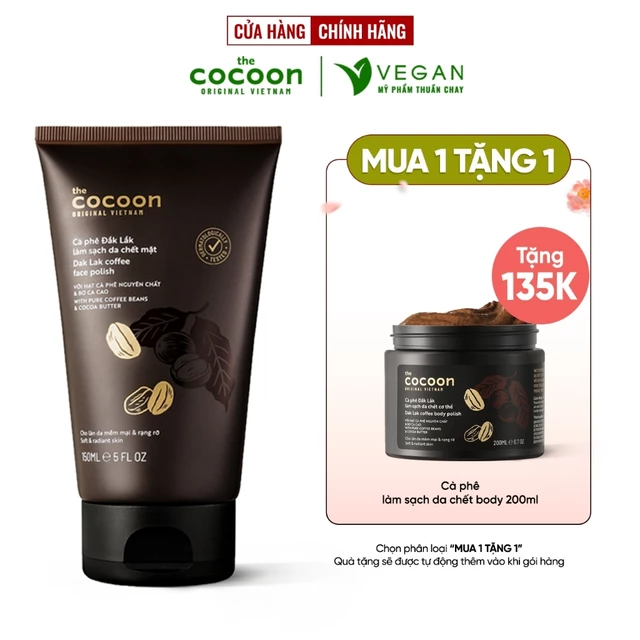 Tẩy Tế Bào chết Cà phê Đắk Lắk làm sạch da chết mặt cocoon 150ml - VEGAN mỹ phẩm thuần chay