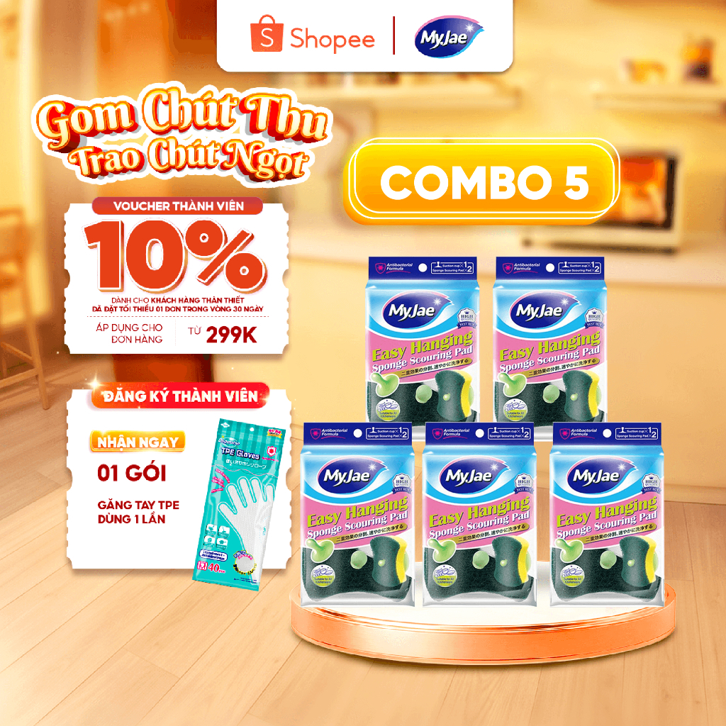Combo 5 [Màu xanh] Set 2 miếng bọt biển rửa chén bát dễ dàng có móc treo MyJae đa nă