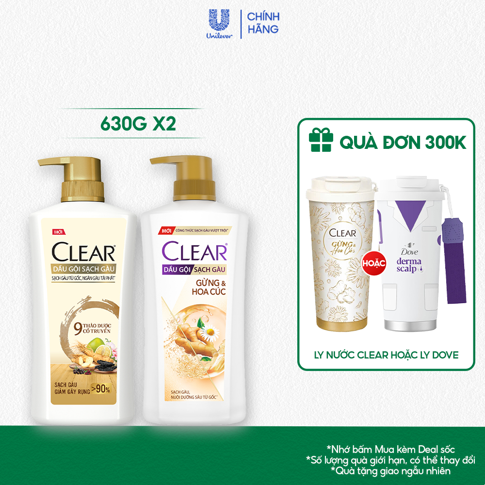 Combo 2/ Chai lẻ Dầu Gội Clear Thảo Dược Nuôi Dưỡng Da Đầu Từ Gốc, Sạch Gàu Và Giảm Gãy Rụng 630g