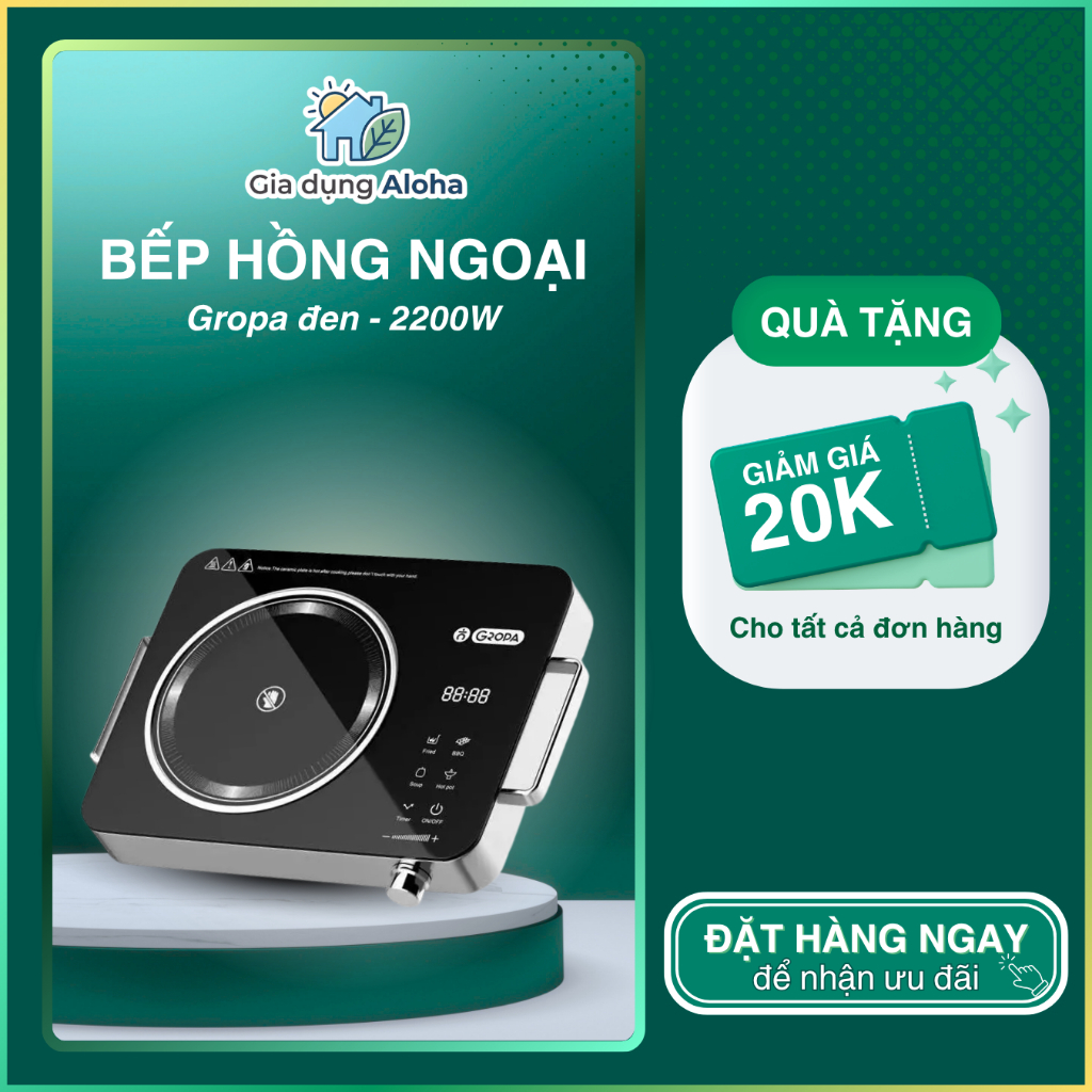 Bếp Gốm Điện Hồng Ngoại GROPA 2200W Màu Đen, Cảm Ứng Kết Hợp Núm Vặn, Dùng Mọi…