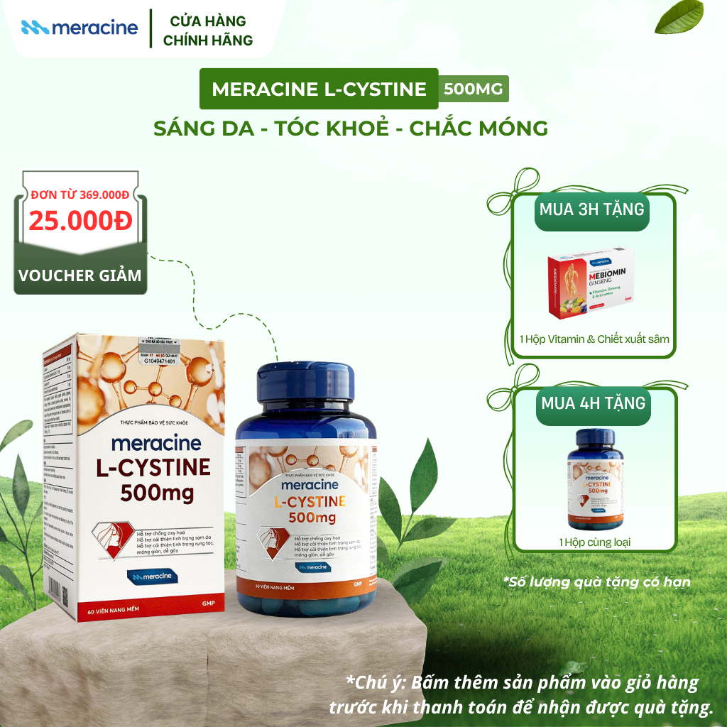 Viên Uống Meracine L-Cystine 500mg Giúp Sáng Da, hỗ trợ giảm nám, giảm mụn, rụng tóc, giảm gãy móng 