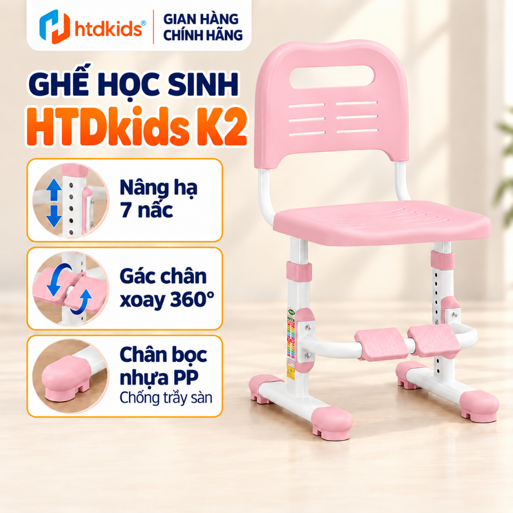 Ghế học sinh thông minh HTDkids K2 tăng giảm chiều cao có gác chân giúp điều chỉnh tư thế ngồi đúng