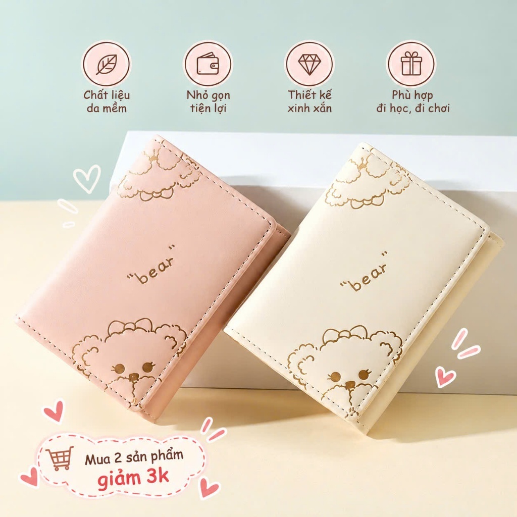 Ví Gấp 3 Hoạ Tiết Gấu Bear Màu Sắc Dập Nổi Mẫu Mới Nhất Siêu Xinh