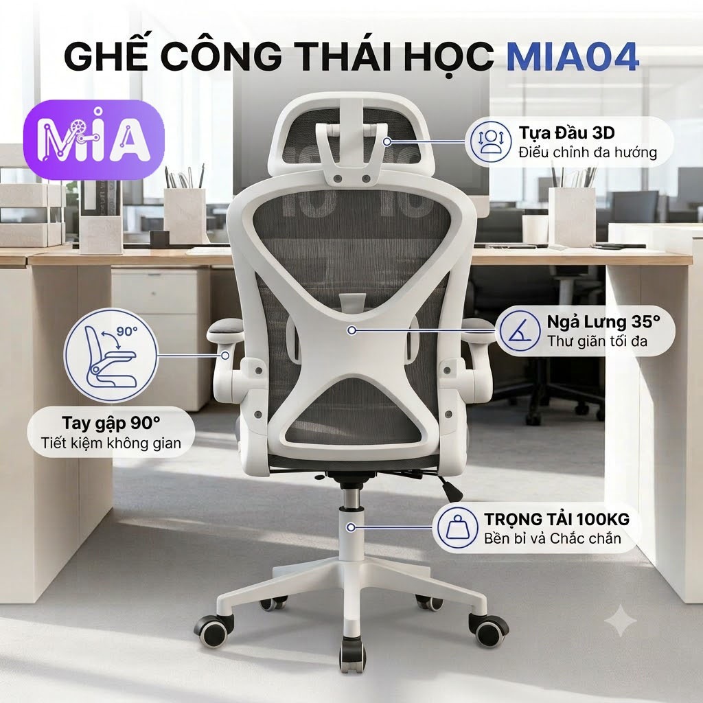 MIA FURNITURE Ghế Công Thái Học Mia04 có gật gù, Ngả Lưng, Di chuyển Linh Hoạt
