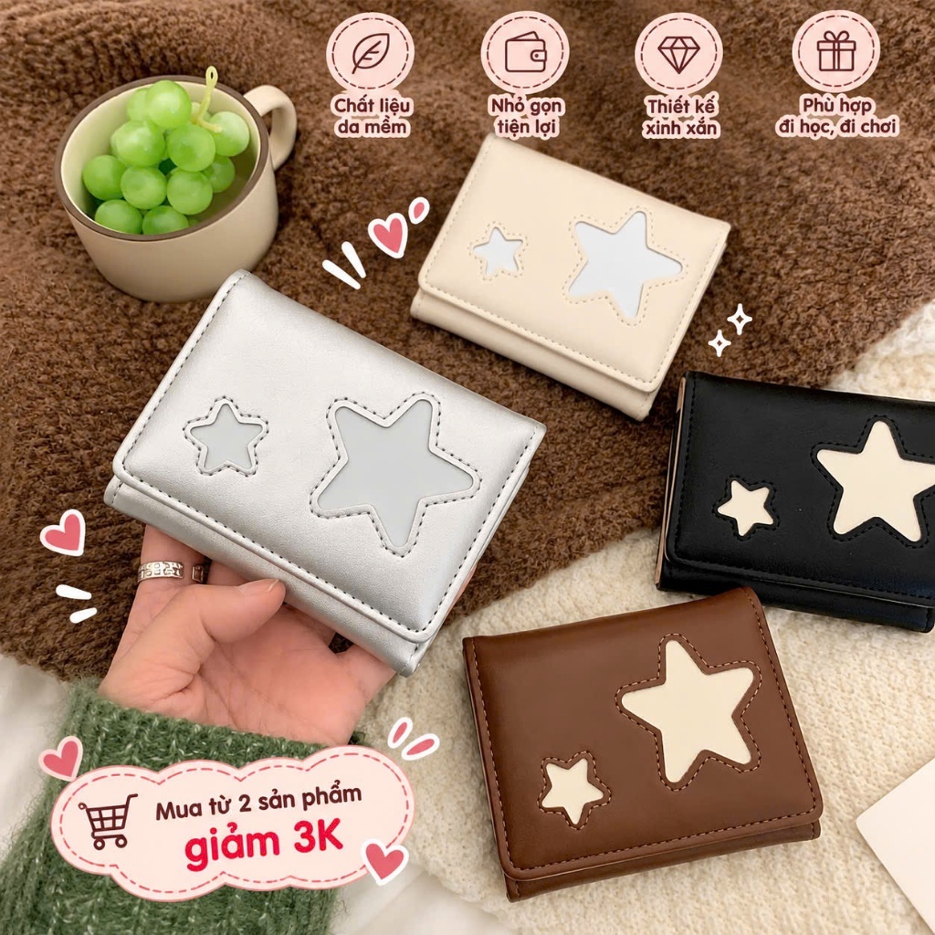 Ví GẤP 3 Cho Nữ Nhiều Ngăn Họa Tiết Ngôi Sao Dập Nổi Mẫu Mới Siêu Hot Phong Cách Korea GẤP 3