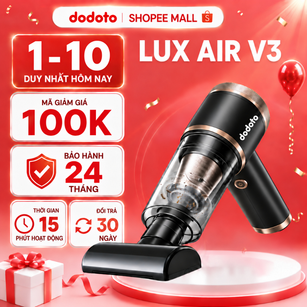 Máy hút bụi cầm tay dodoto Lux Air V3 mini không dây, hút bụi giường nệm, ô tô Bảo hành 24 tháng