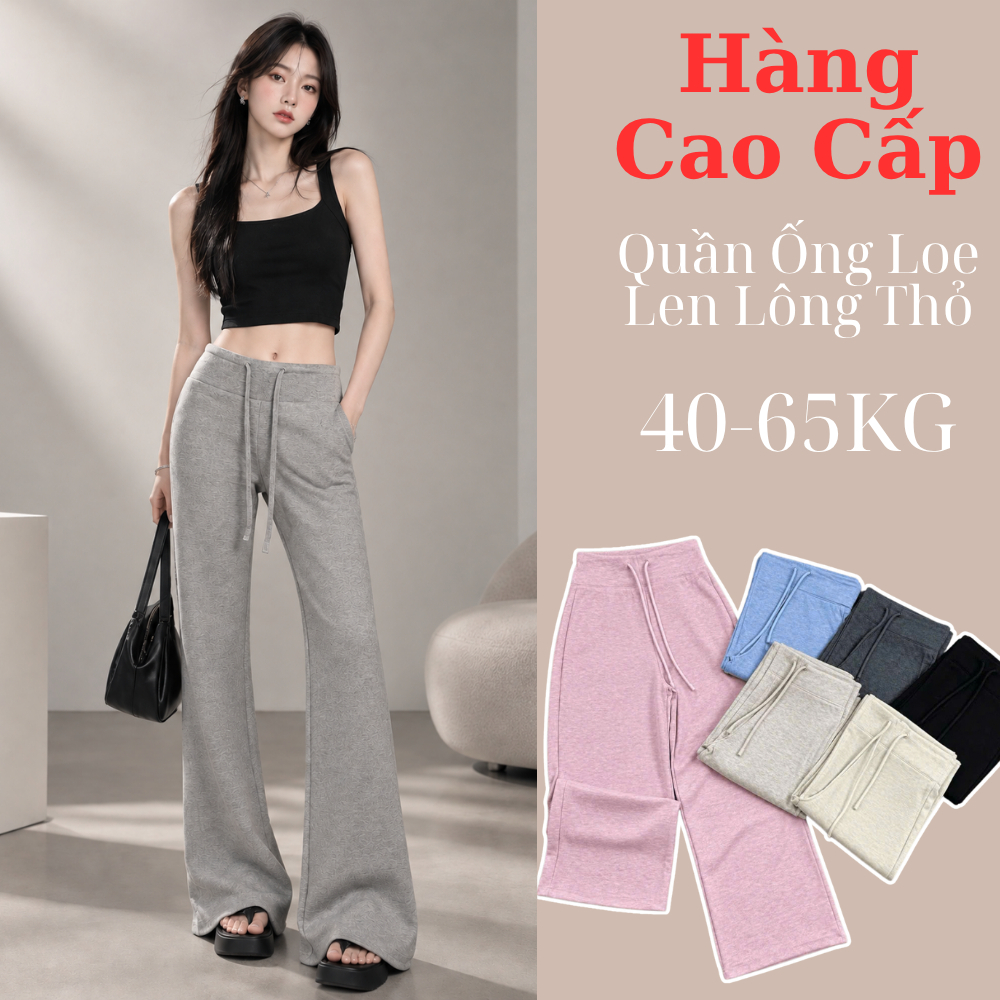 Quần Ống Loe Nữ Len Lông Thỏ Mềm Mịn Cạp Liền Dây Rút Co Giãn Quần Dài Nữ Tôn Dáng Hack Chân Siêu Dài Th