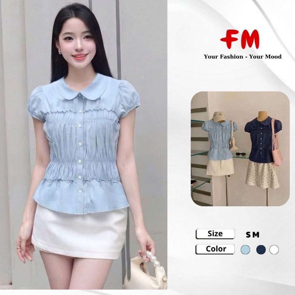 FMSTYLE Áo Kiểu Nữ Tay Ngắn cổ sen nhún bèo ngực eo size S M 3 Màu Siêu Xinh 26100032