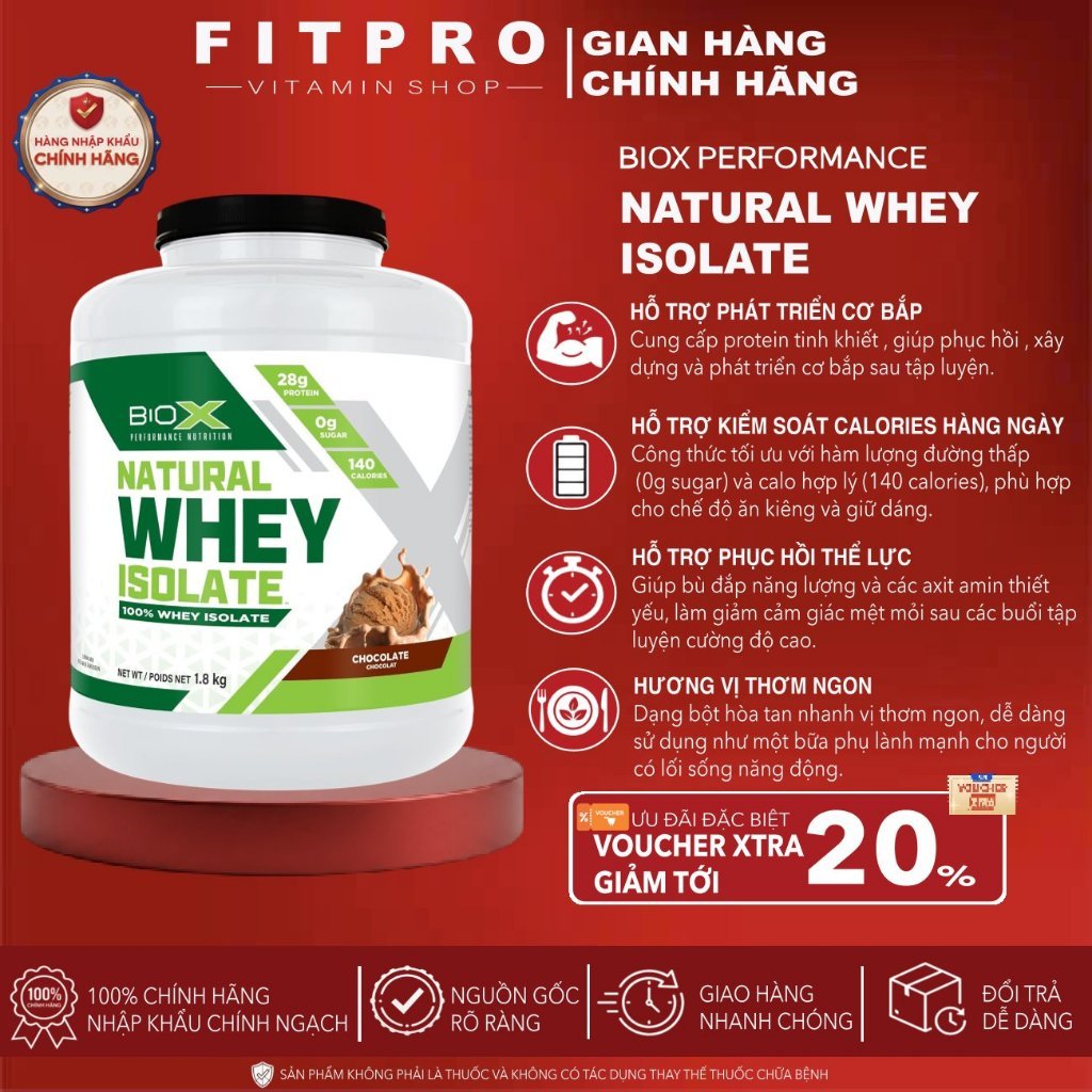 Sữa Bột Whey Protein BioX Natural Whey Isolate (1.8kg), Bổ Sung 100% Whey Protein Isolate Tinh Khiết
