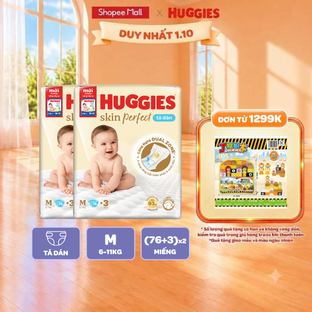 Combo 2 Tã/bỉm dán Huggies Skincare Super Jumbo M76+3/L68/XL60/XXL56