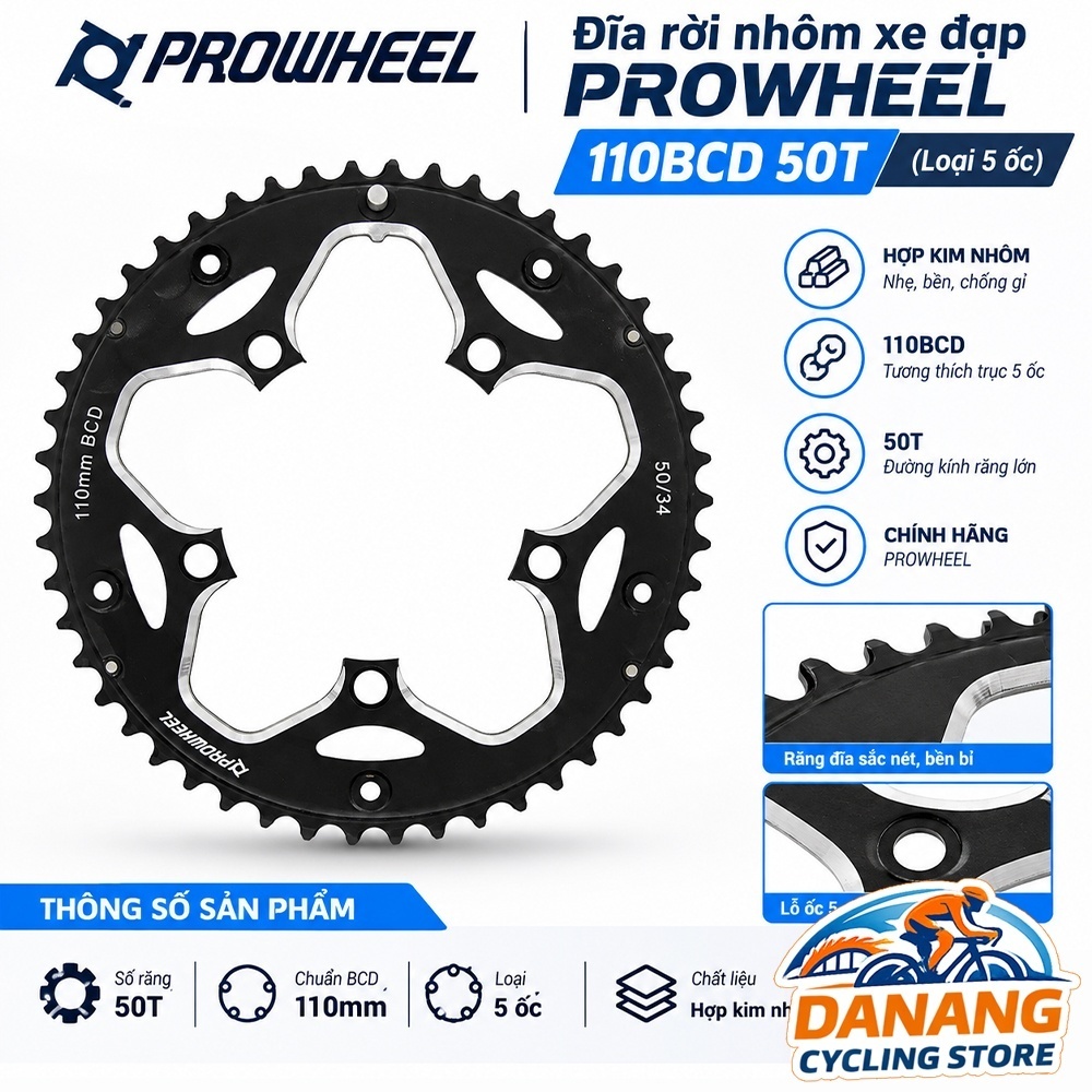 Đĩa Rời Nhôm Xe Đạp Chainring PROWHEEL 110BCD 50T (Loại 5 Ốc)